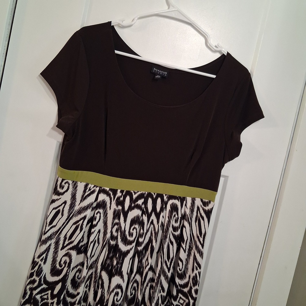 Enfocus Studio Dress Womens 12 Brown Ikat Empire Waist Short Sleeve Mod Chic